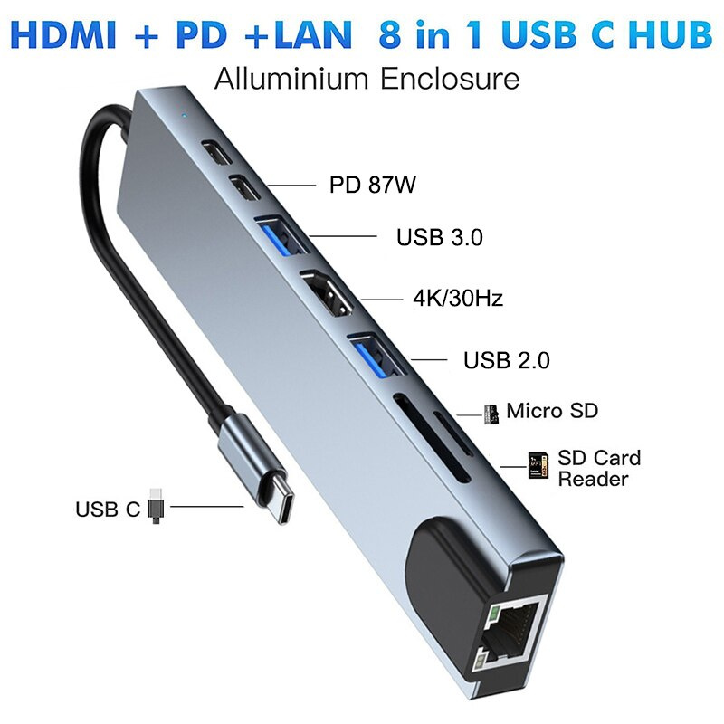 帶 HDMI 輸出的多端口鋁製 USB Type C 集線器 USB3.0 SD TF 讀卡器 PD 充電端口兼容 Macbook Air Splitter