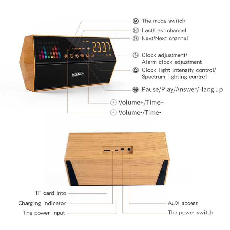 Laiyiqi wood 藍牙音箱 BT 時鐘 LED 顯示屏彩色動態頻譜 altavoz 藍牙 con 收音機復古復古