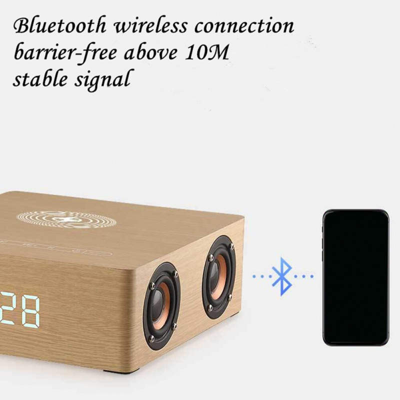 多功能無線充電器鬧鐘藍牙音箱適用立體聲播放器環繞聲 棕色木紋