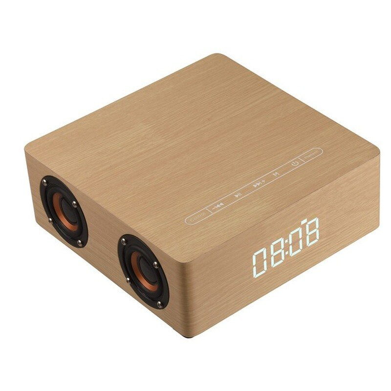 木製無線 Qi 充電器藍牙兼容揚聲器觸摸按鈕鬧鐘顯示支持 TF 卡 USB AUX 播放