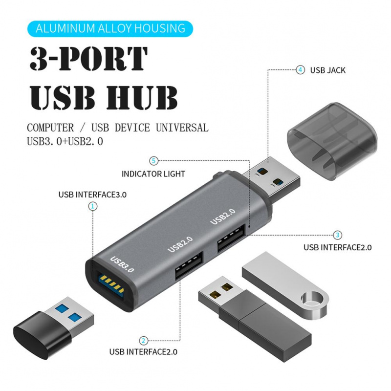 1 件迷你鋁製 3 端口 USB 3.0 集線器 USB 集線器擴展 2.0 集線器 USB 適配器站超薄便攜式數據集線器 USB 分離器