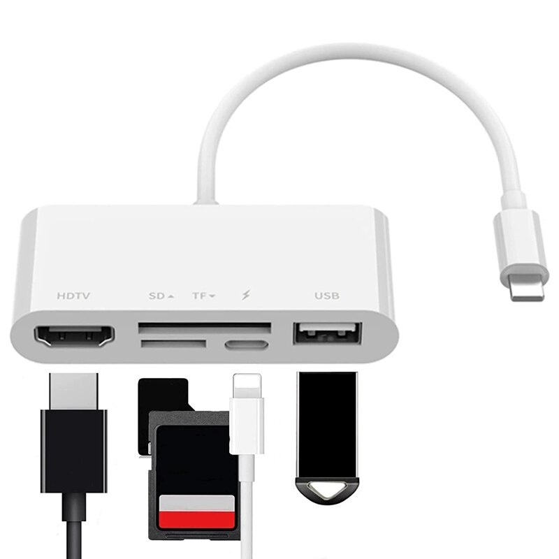 適用於 Iphone Ipad 至 HDMI 適配器，集線器 5 合 1 帶讀卡器，充電端口兼容 USB 設備