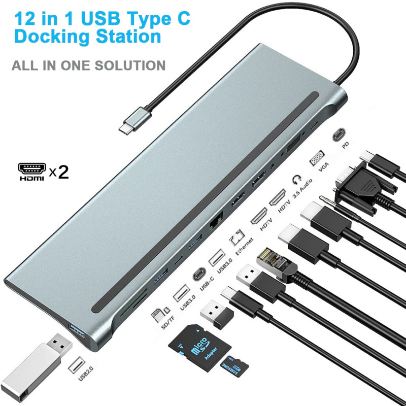 12 合 1 USB C 型集線器適配器筆記本電腦擴展塢，MST 雙顯示器雙 HDMI VGA RJ45 SD TF PD 適用於 MacBook Dell Hp ThinkPad