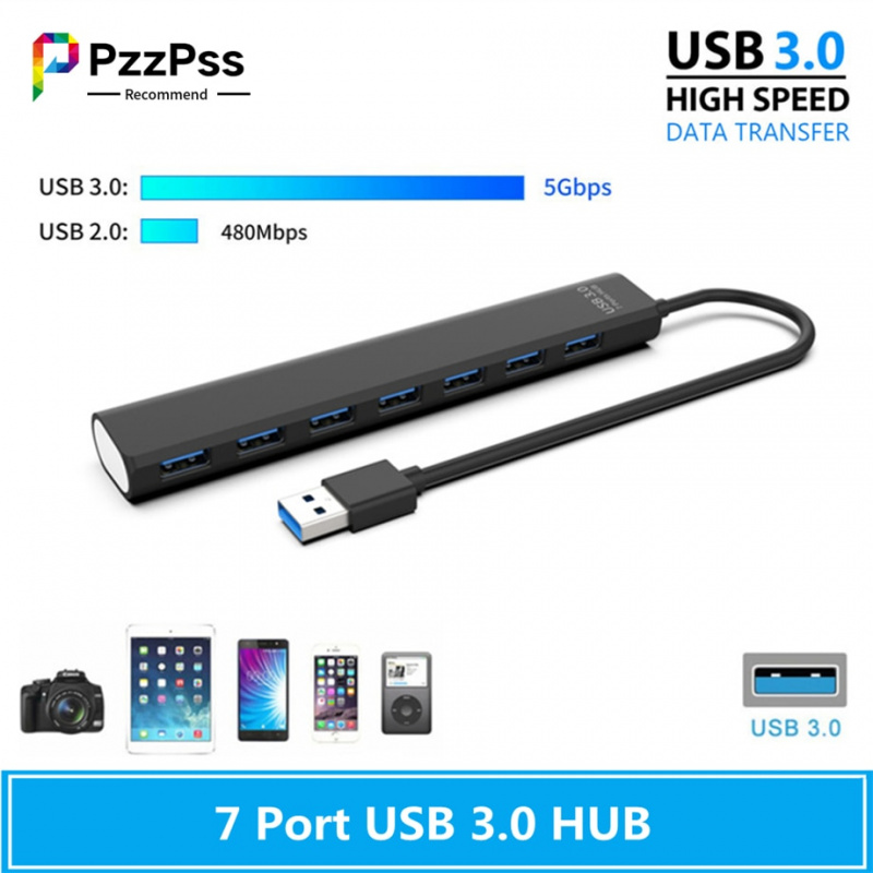 PzzPss USB 3.0 HUB 3.0 HUB Multi USB Splitter 7 Port Expander Multiple USB 3 Hab Use Power Adapter USB3.0 Hub with Switch For PC