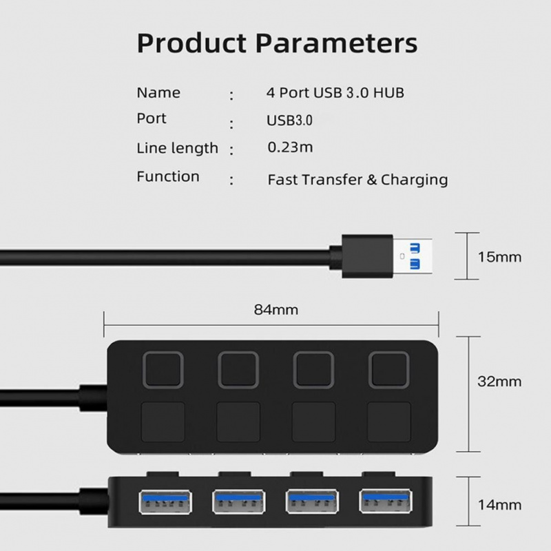USB 3.0 集線器 5Gbps 高速多 USB 分離器使用電源適配器 4 端口多擴展器集線器帶開關用於 PC 配件