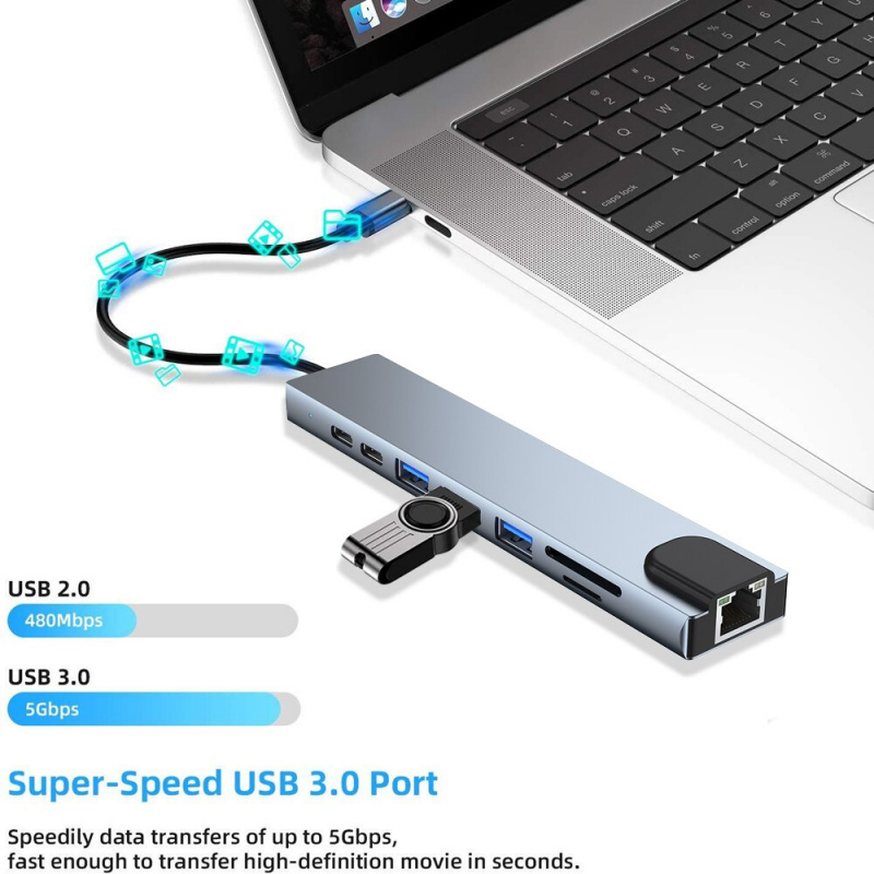 8 合 1 USB C 集線器 Type-C 至 4K HDMI 兼容 RJ45 PD 充電 SD TF 讀卡器 Type C 至 USB 擴展塢 適用於 MacBook Air Pro PC 集線器
