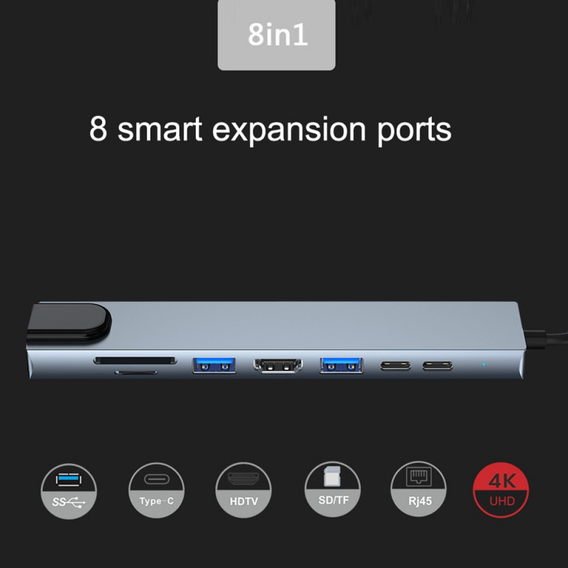 8 合 1 USB C 集線器 Type-C 至 4K HDMI 兼容 RJ45 PD 充電 SD TF 讀卡器 Type C 至 USB 擴展塢 適用於 MacBook Air Pro PC 集線器