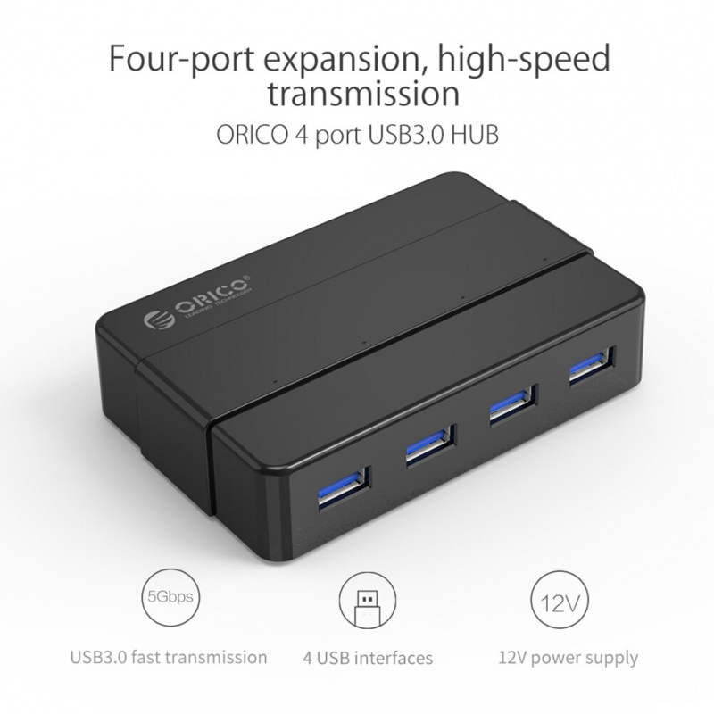 ORICO H4928-U3-V1 高速 5Gbps USB 3.0 集線器 4 合 1 多分配器 USB B 型擴展塢，帶 12V 2A 筆記本電腦電源適配器
