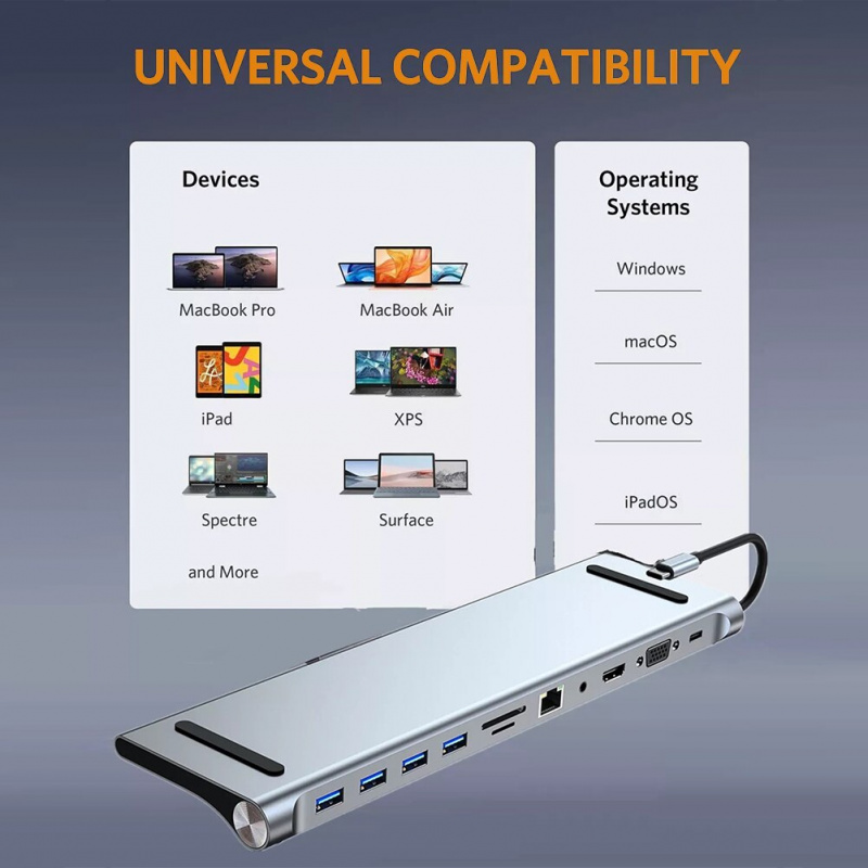 11 合 1 C 型擴展塢 USB C 集線器 3.0 分離器多端口適配器 4K HDMI 兼容 RJ45 SD TF VGA PD 適用於筆記本電腦 MacBook iPad 小米