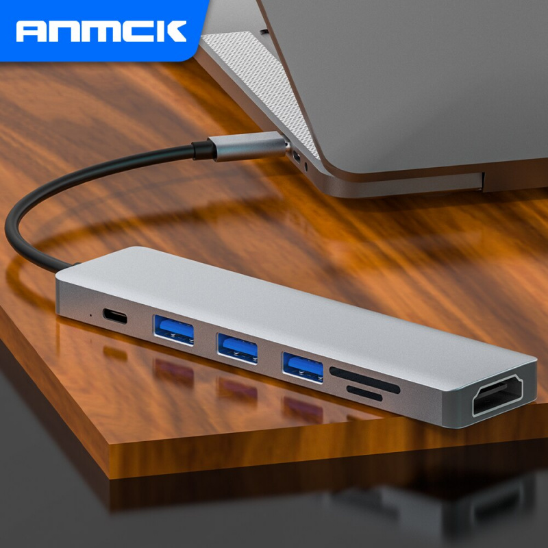 Anmck USB C 集線器轉換器 Type-C 轉 USB 3.0 集線器 HDMI 適配器底座適用於 MacBook Pro Air USB 7 端口分離器 Type C HUB