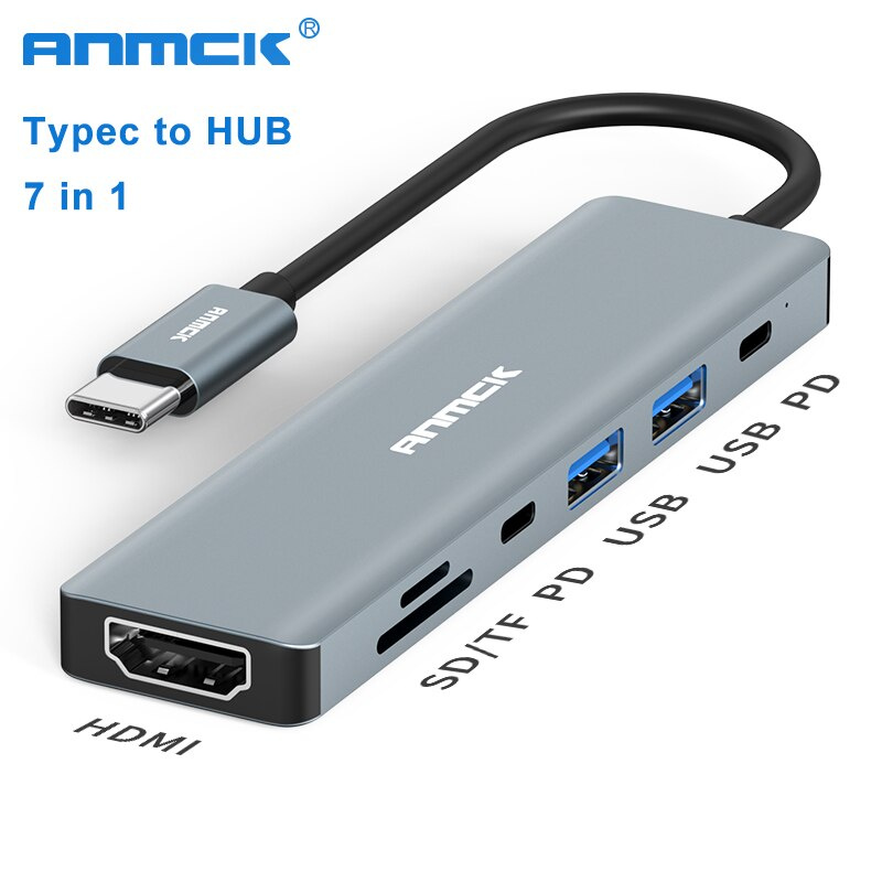 Anmck USB C 集線器轉換器 Type-C 轉 USB 3.0 集線器 HDMI 適配器底座適用於 MacBook Pro Air USB 7 端口分離器 Type C HUB