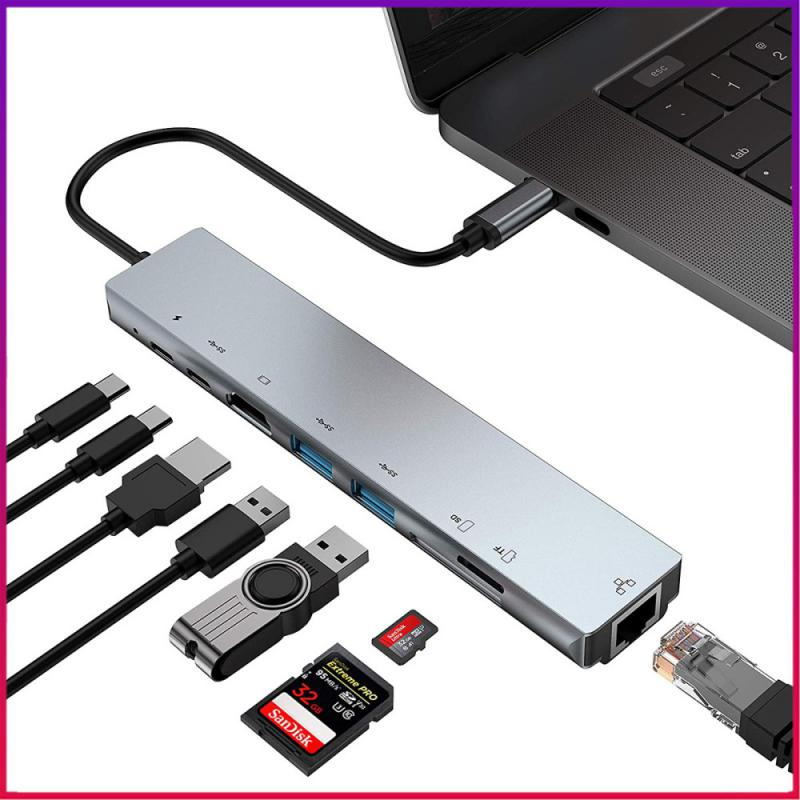 擴展塢 8 合 1USB 集線器 USB 3.0 至 4K HDMI 適配器存儲卡讀卡器 Type-C 適配器適用於 MacBook Pro PC 筆記本電腦分配器