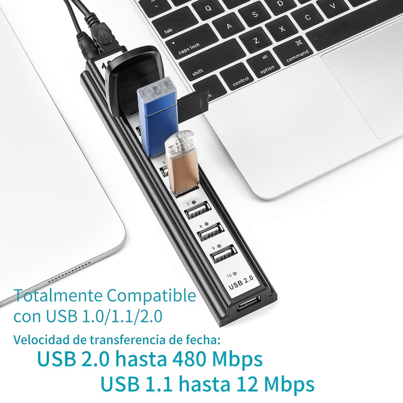 多 USB 分配器 USB 外部集線器 10 端口高速 480mbps USB 集線器帶電源適配器適用於 PC Macbook 電腦配件