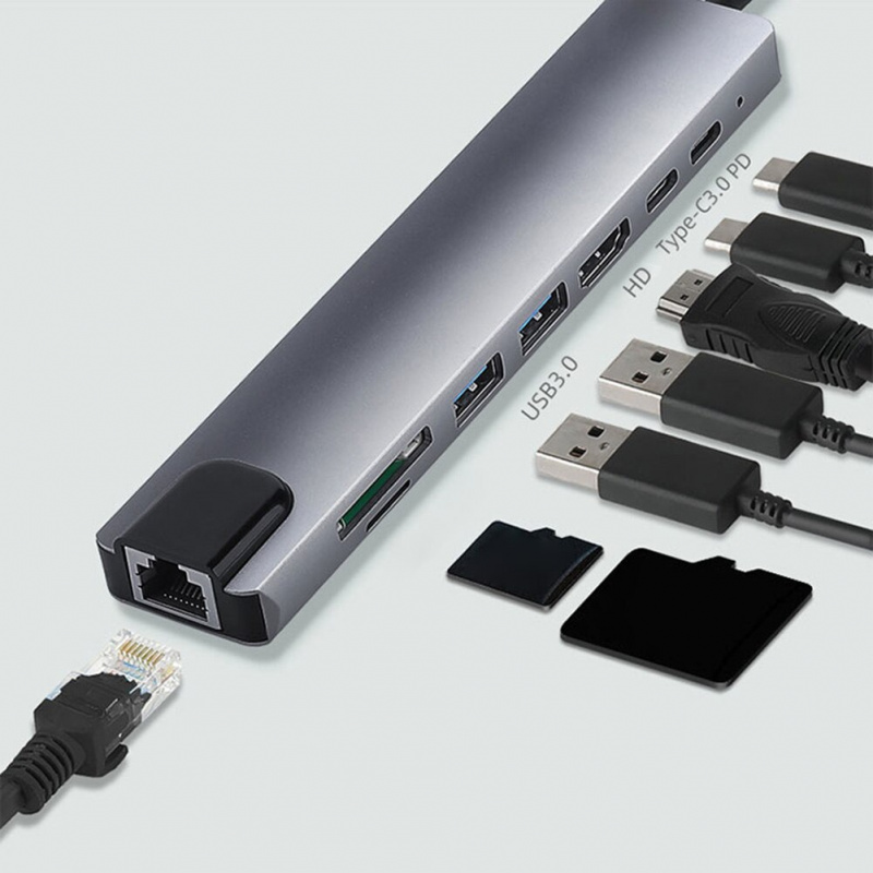 8 合 1 USB C 集線器 C 型 3.1 至 4K 適配器帶 RJ45 SD TF 讀卡器 PD 快速充電適用於 MacBook 筆記本筆記本電腦