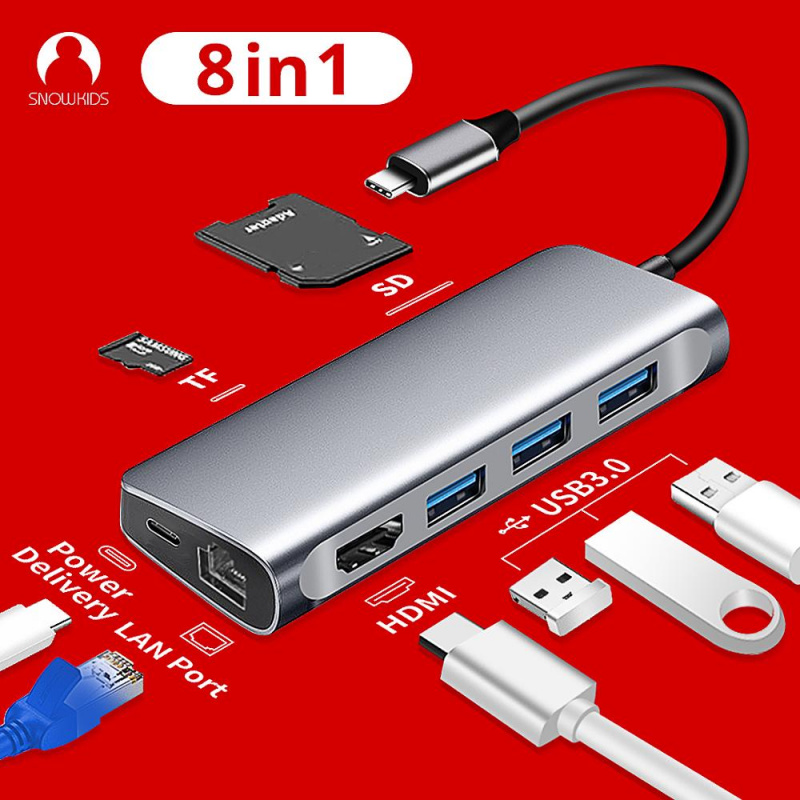 Snowkids C 型集線器擴展塢適用於筆記本電腦智能手機 8 合 1 PD LAN HDMI USB3.0 SD TF 端口擴展華為 MateBook 13