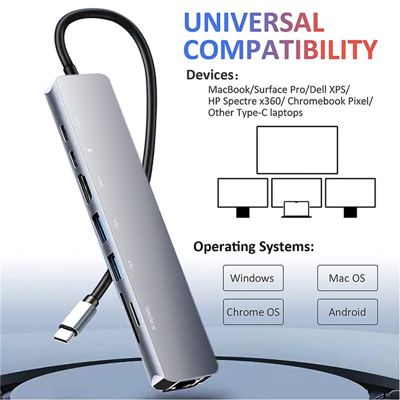 USB C 擴展塢 HDMI 兼容 VGA USB PD LAN RJ45 SD 集線器適配器適用於筆記本電腦 Macbook HP DELL XPS Surface Lenovo ThinkPad