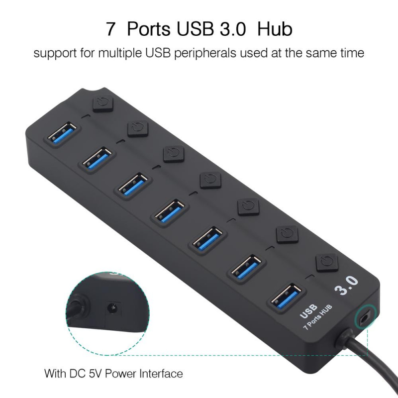 4   7 端口 USB 3.0 集線器分離器 USB 集線器 3.0 帶獨立電源開關 LED 指示燈 EU US 電源適配器