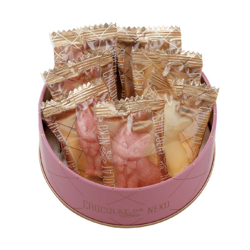 日版Morozoff 寵愛貓咪 草莓貓 雜錦精緻造型朱古力 圓形鐵罐禮盒 (1盒7粒)【市集世界 - 日本市集】