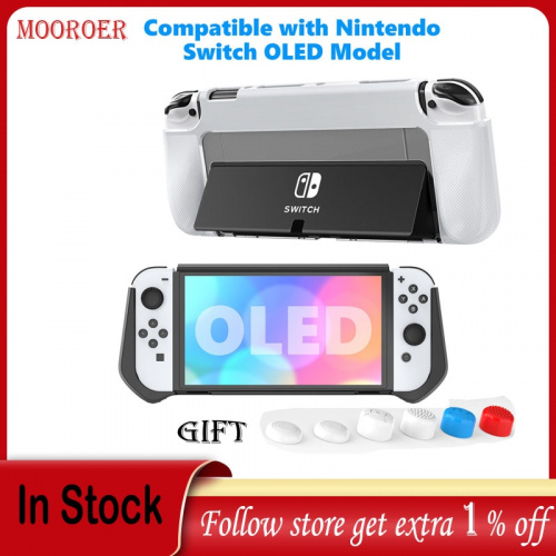 Mooroer 可固定外殼適用於 Switch OLED 型號、TPU 和 PC 保護套兼容 Nintendo Switch OLED 支架保護套