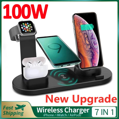 100W 7 合 1 無線充電器支架墊適用於 iPhone 14 13 12 Apple Watch 快速充電底座適用於 Airpods Pro iWatch 7 6
