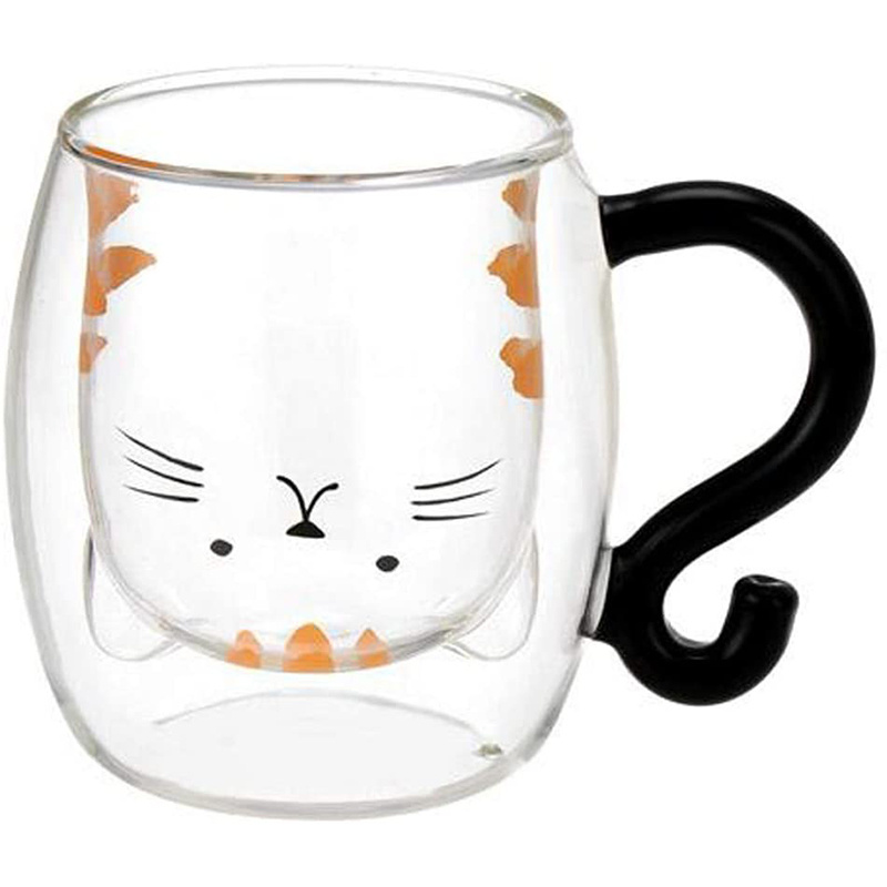 日版 動物 耐熱隔熱 有耳雙層玻璃杯 (虎斑貓) 250ml 【市集世界 - 日本市集】