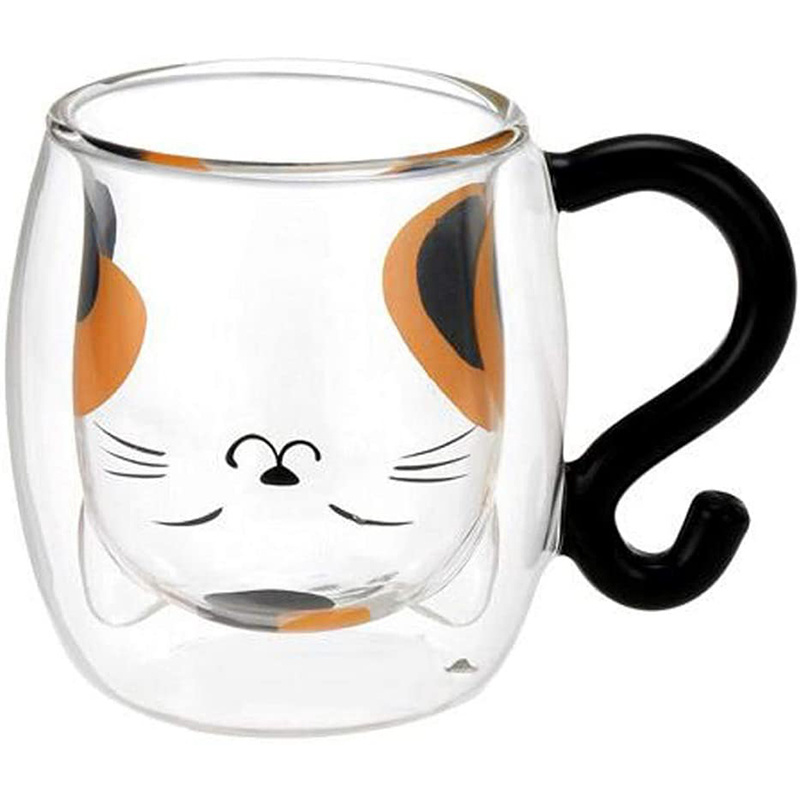 日版 動物 耐熱隔熱 有耳雙層玻璃杯 (三花貓) 250ml 【市集世界 - 日本市集】