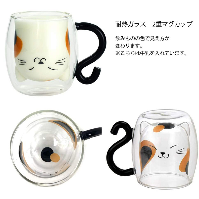 日版 動物 耐熱隔熱 有耳雙層玻璃杯 (三花貓) 250ml 【市集世界 - 日本市集】
