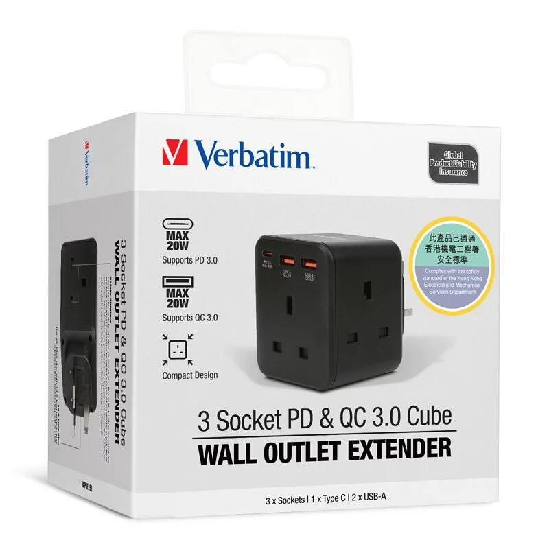 Verbatim 3 Socket PD & QC 3.0 Wall Outlet Extender 擴充萬能插蘇