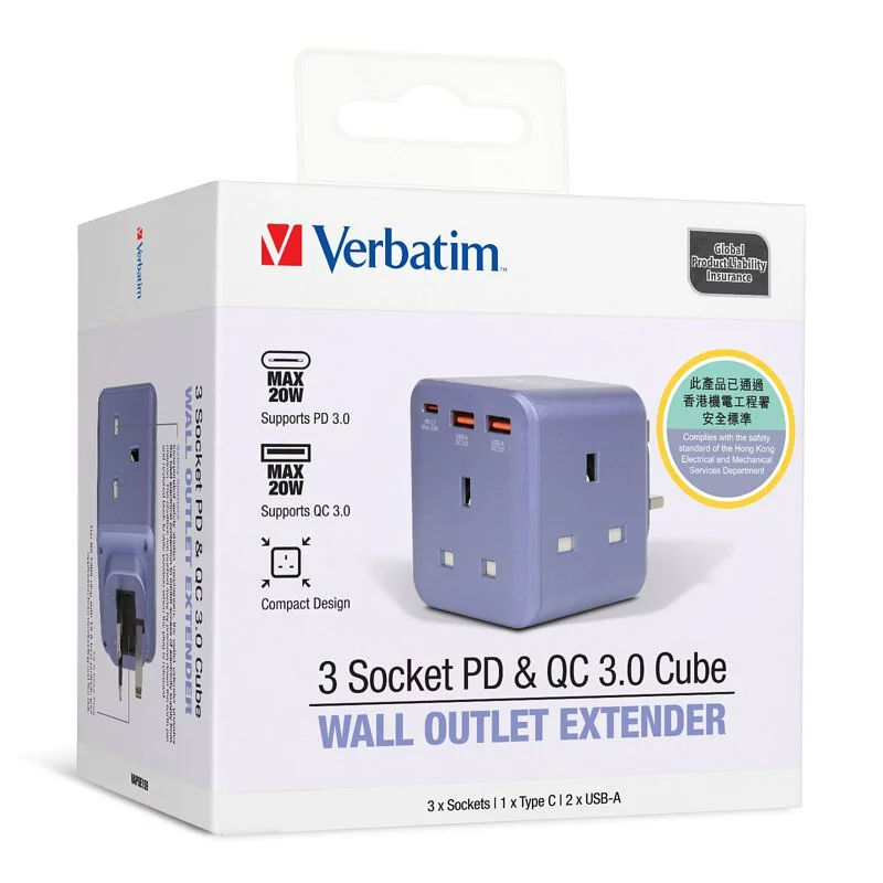 Verbatim 3 Socket PD & QC 3.0 Wall Outlet Extender 擴充萬能插蘇