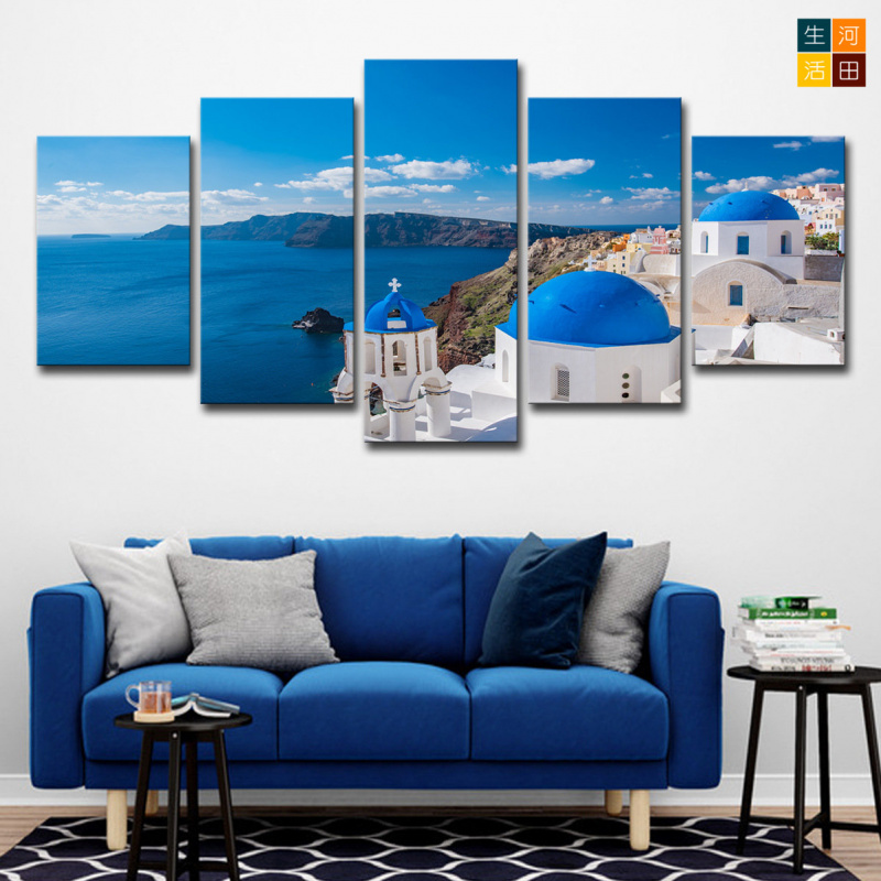 希臘聖托里尼島五聯畫|風景油畫5幅|客廳裝飾無框畫|藝術帆布裝飾