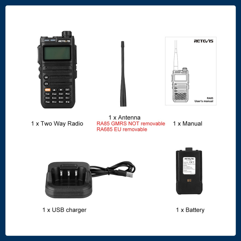 Retevis RA685 Walkie Talkie Ham 雙向無線電台遠程對講機專業 UHF VHF USB C 型充電器 5W ...