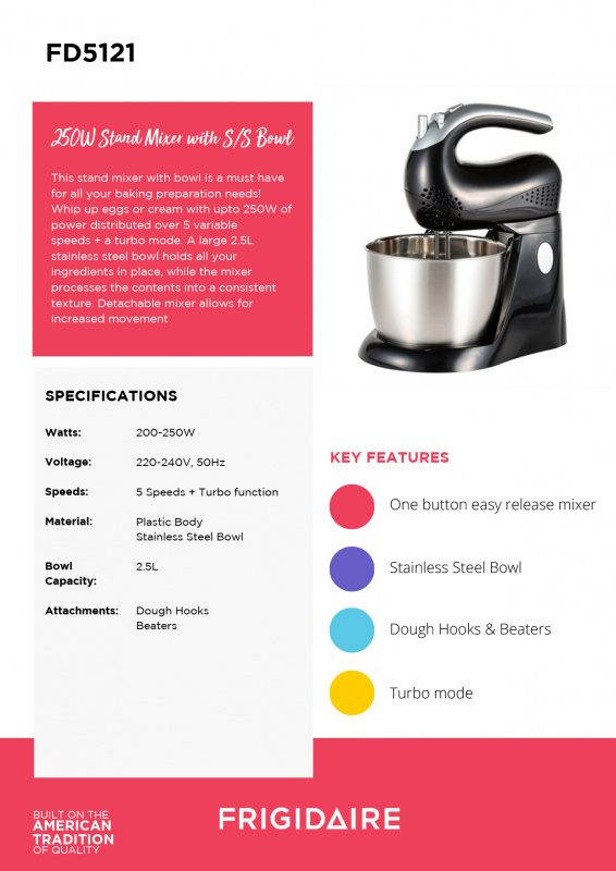 Frigidaire 北極 打蛋器連不銹鋼攪伴盆 FD5121 擁有5 段速度 可以滿足不同食材的需求 絕對是你的不二之選 現代廚房必備的好