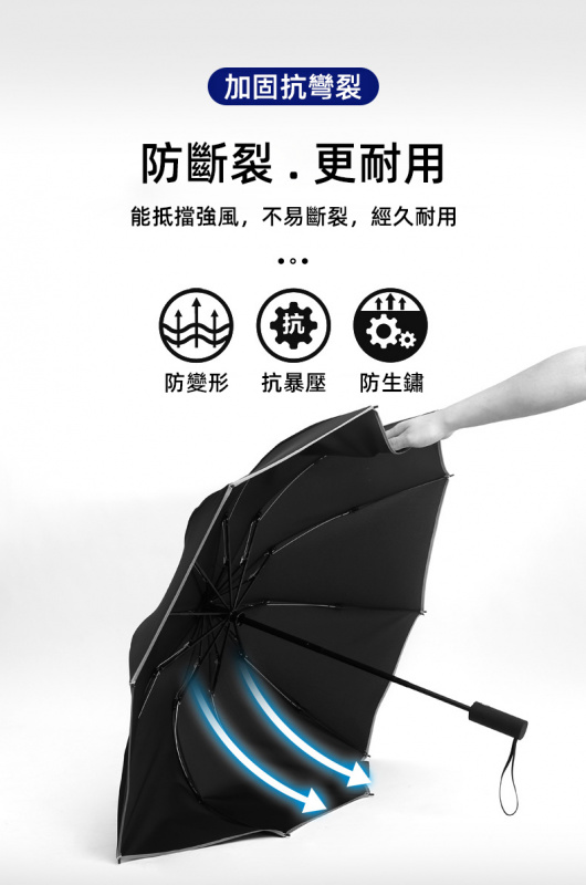 Face Young-高質反向加強版-10骨反光條碰擊布全自動三折防風防曬雨傘（深空灰）-送雨傘專用套