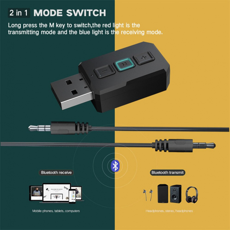 2 In 1 USB Bluetooth 5.0 Receiver Wireless Audio Adapter Transmitter