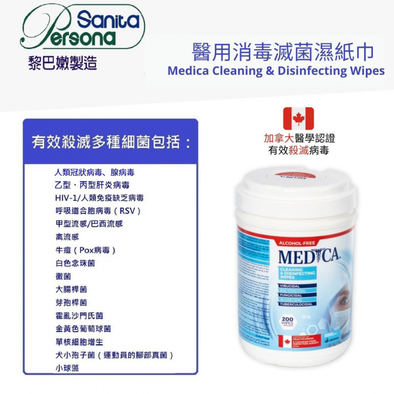 歐盟認可 Medica 診所專用, 消毒濕紙巾, 200張 (加拿大醫學認證)