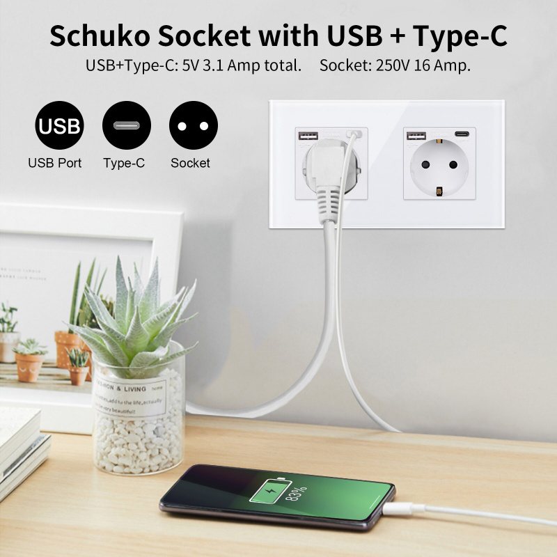 Wall sockets with usb charge port type c interface outlet eu standard
