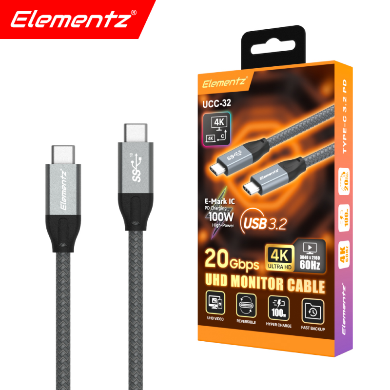 Elementz USB 3.2 GEN 2 (20Gbps) / 100W PD Charge With EMark Chip Cable UCC32 TechGuyHK 電子街