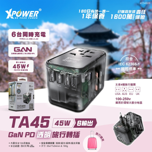 XPower TA45 45W 6輸出 GaN PD透明旅行轉插