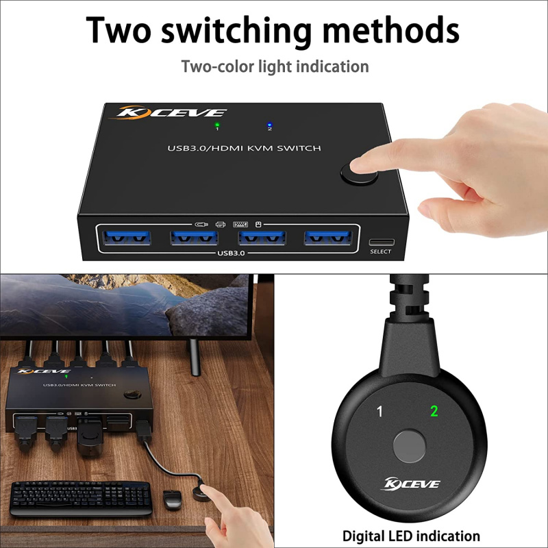 KCEVE USB 3.0 KVM Switch HDMI 2 Port Support 4K60HZ Simulation EDID