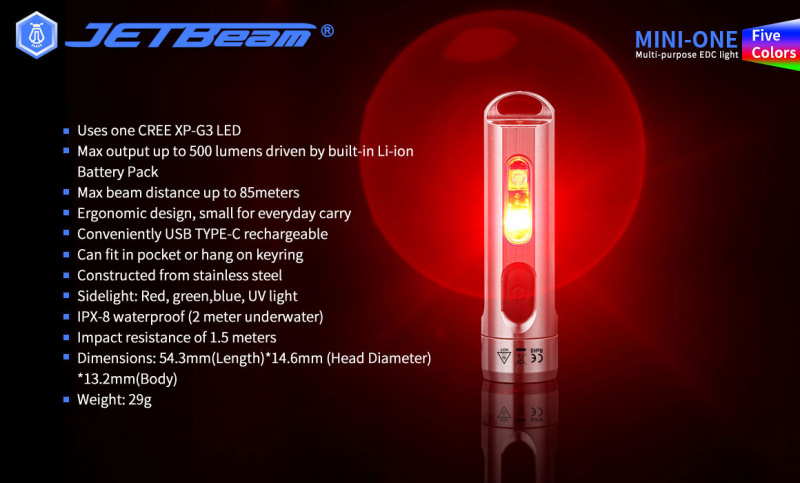 {MPower} Jetbeam MINI-ONE USB 充電 美國名廠 Cree XP-G3 500 流明 五色 Key Ring 匙扣 LED Flashlight 電筒 - 原裝行貨