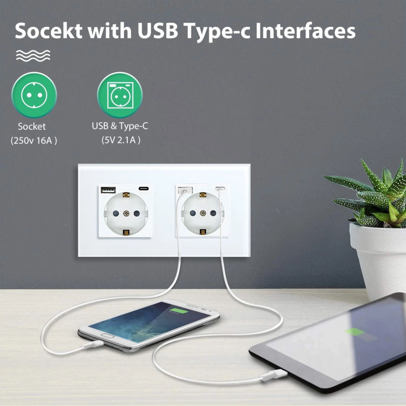BSEED 單壁歐盟插座,帶 USB Type-c 接口 2.1A 雙電源插座 三電插座 16A 玻璃面板 - 朝日新泰商貿