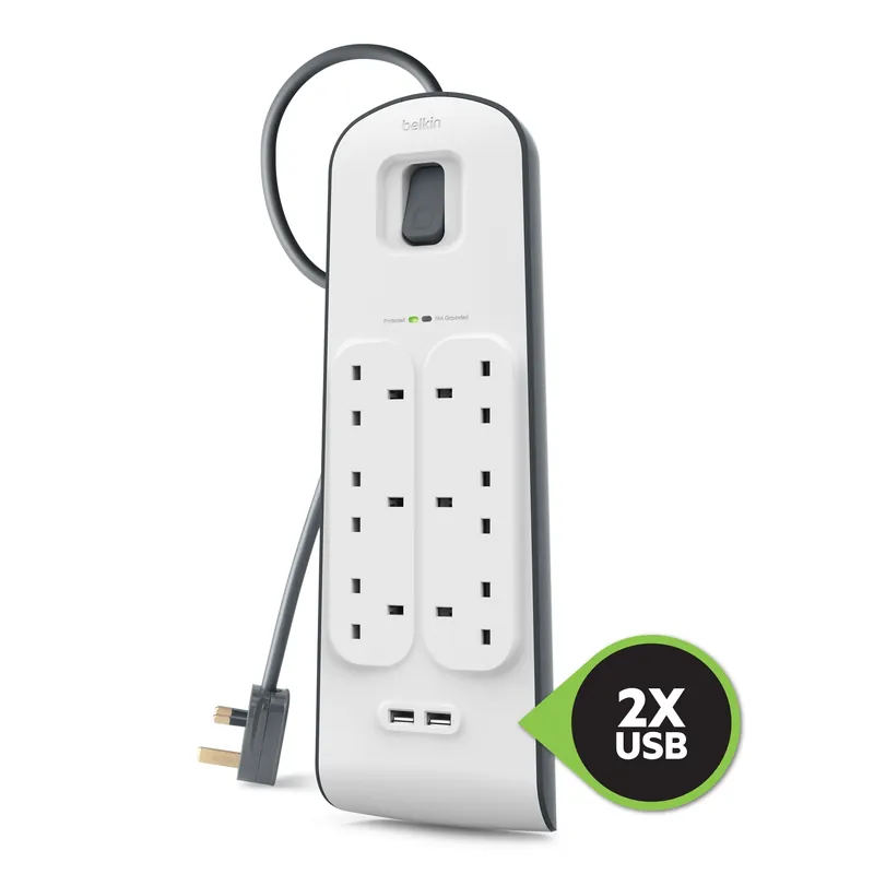 Belkin 2.4 安培 USB 充電 6 位防雷保護拖板 (連兩位USB充電) - Price網購