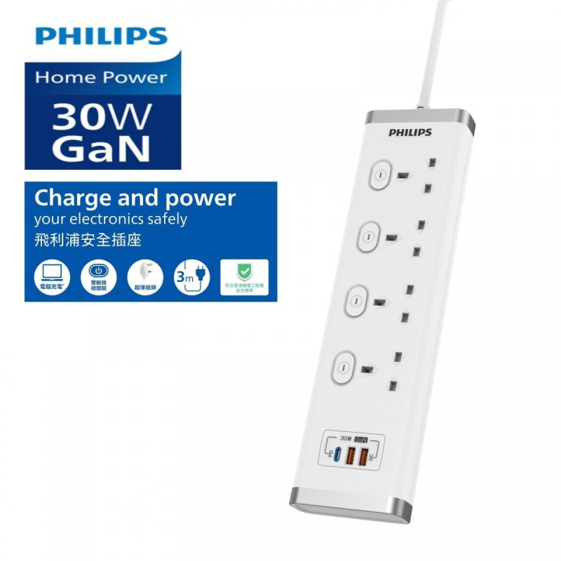 Price網購 - Philips 30W GaN 快速充電安全拖板 獨立雙斷路開關 [2款]【家電家品節】