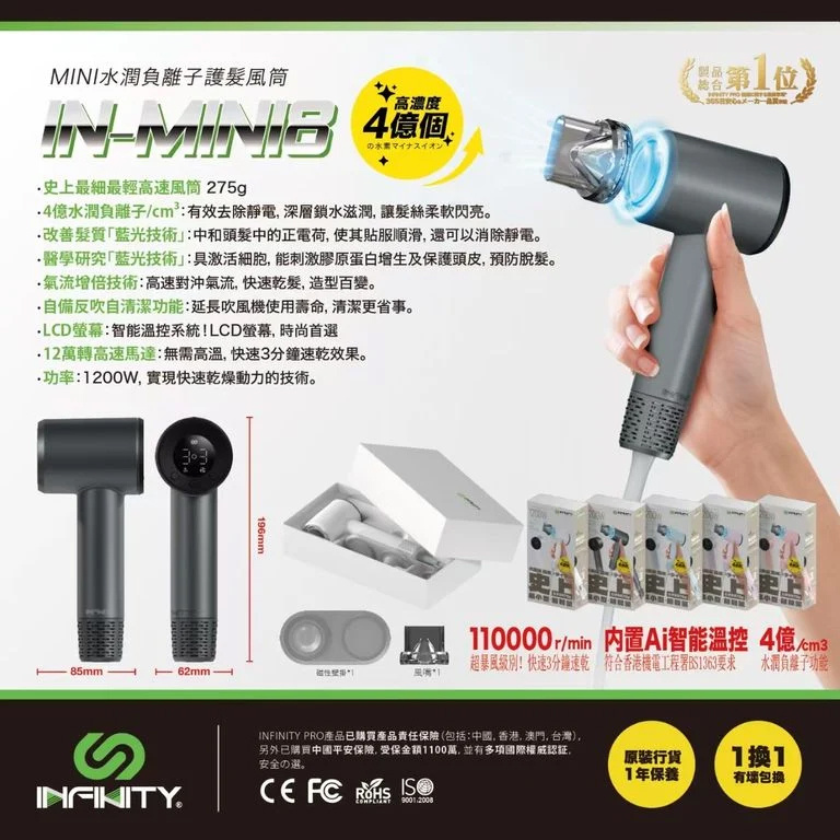 Price網購 - INFINITY Mini8 藍光水潤負離子活髮風筒 輕量275g [5色]