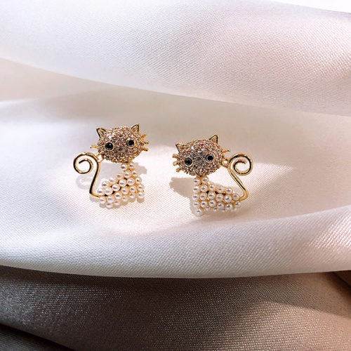 韓國JK新款貓咪珍珠氣質耳釘