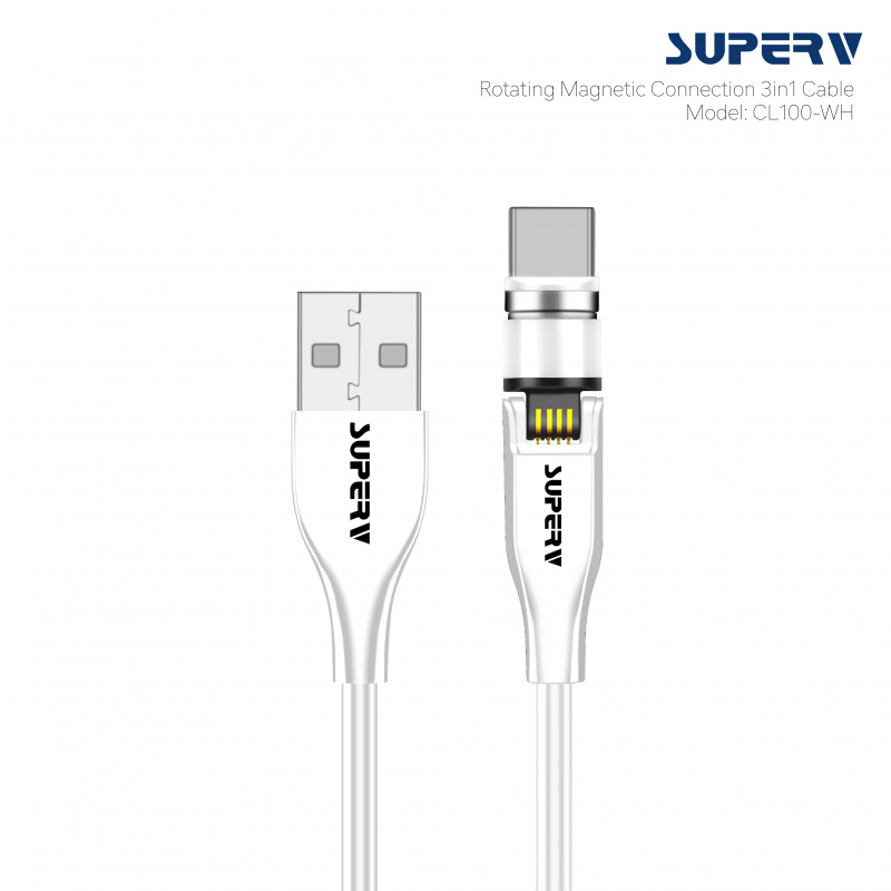 SuperV 新式磁吸可旋轉充電線 三合一 Lightning+Type-C+Micro USB (CL100) [2色]