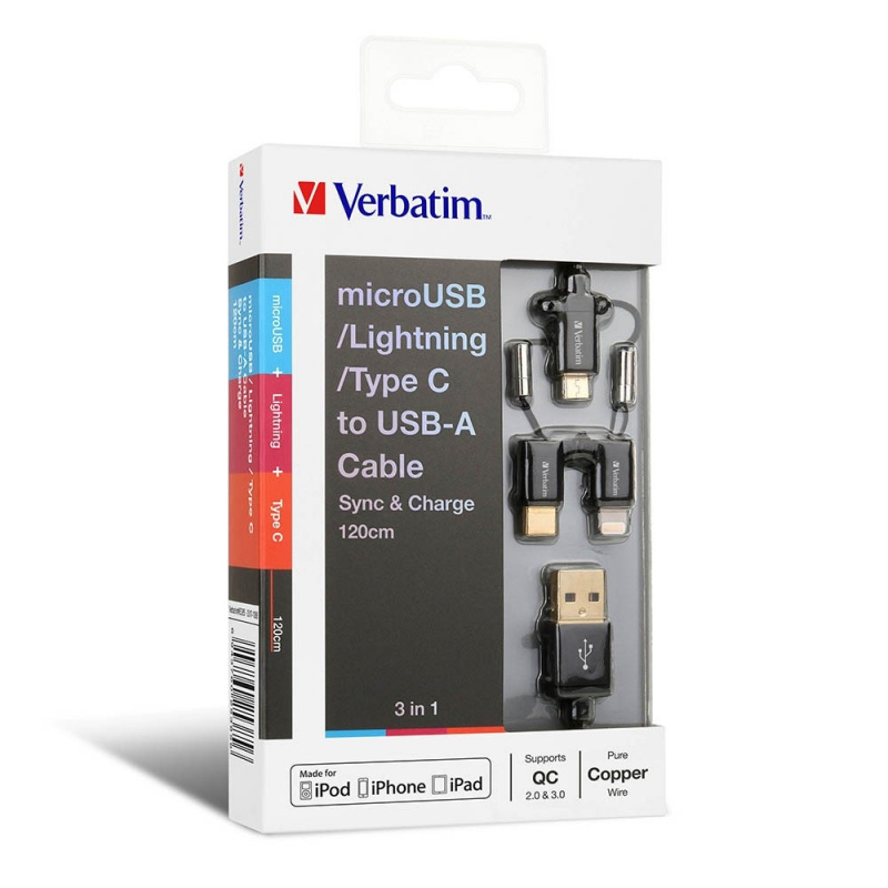 Verbatim 3-in-1 microUSB / Lightning / Type C to USB-A Cable 120cm【香港行貨保養】