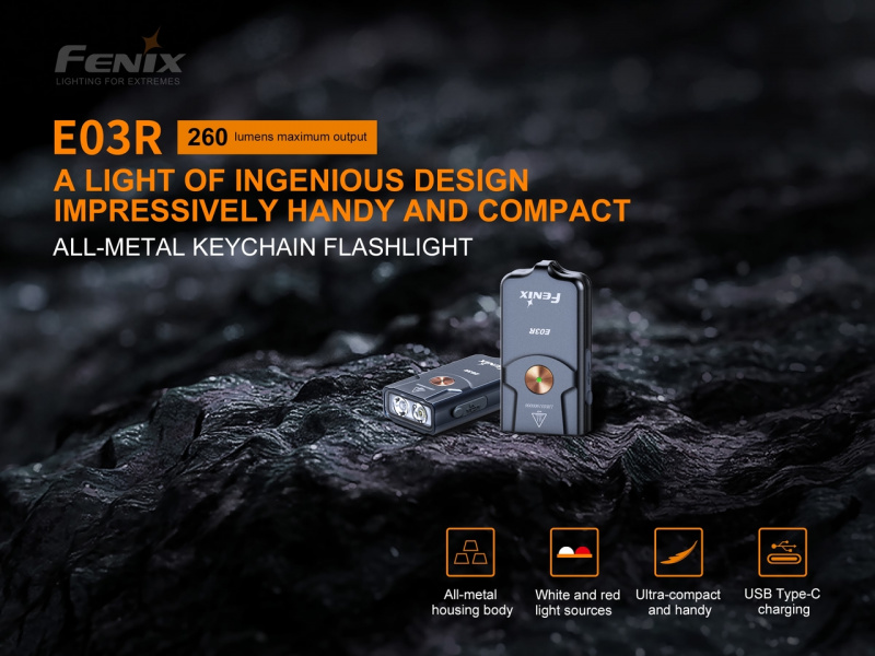 Fenix E03R 紅/白光 USB-C充電 匙扣燈 電筒