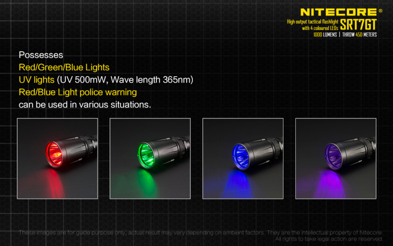 Nitecore SRT7GT Cree XP-HI V3 1000lm 附紅,藍,綠,UV光 SRT7 電筒 原廠香港行貨