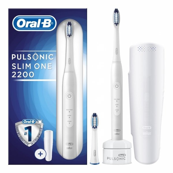 Oral-B Pulsonic Slim One 2200聲波電動牙刷，可在2週內使牙齒潔白，帶有計時器，2個Pulsonic刷頭和旅行盒，珍珠白色